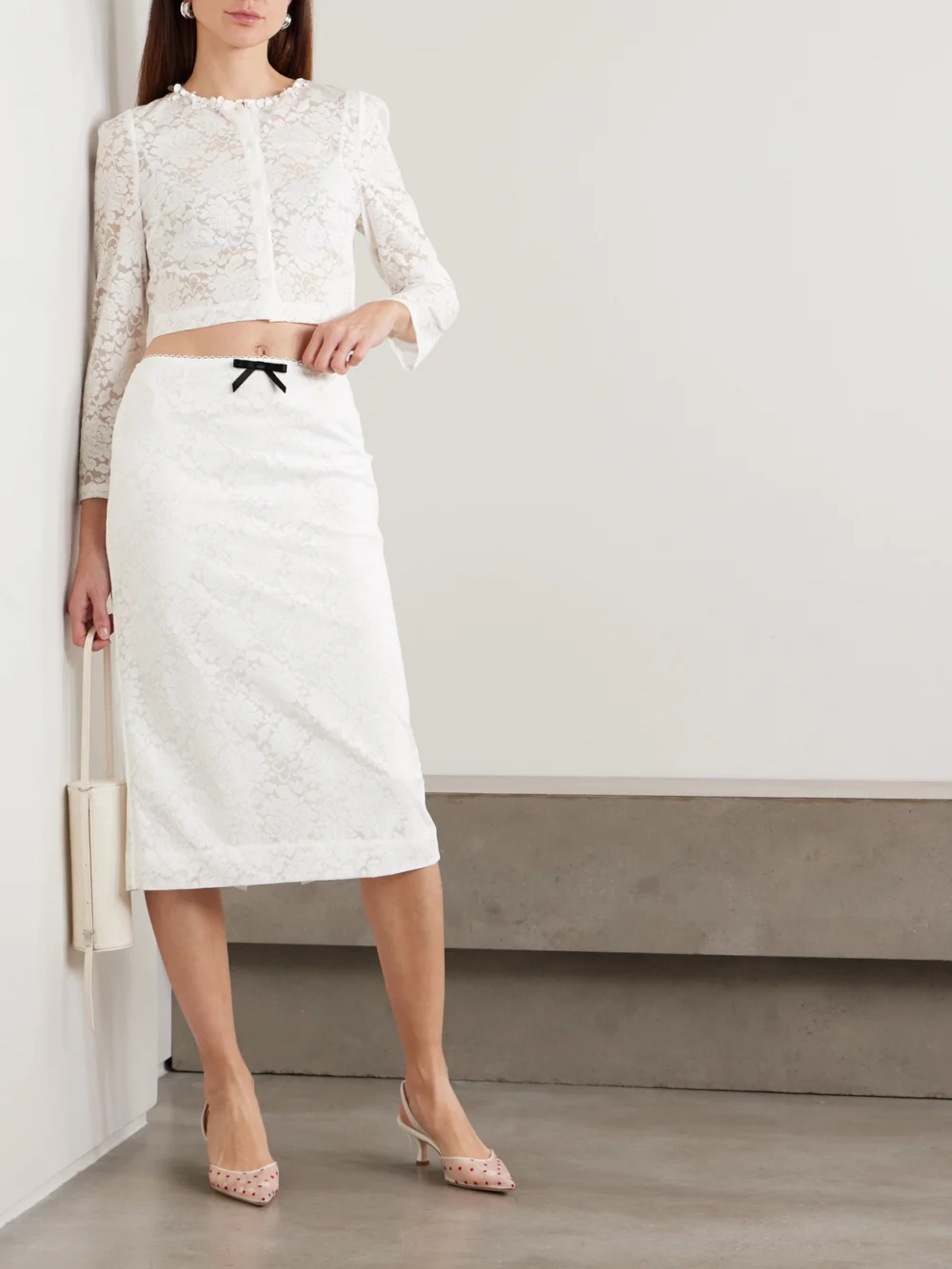 Shushu/Tong Bow-embellished Satin-trimmed Lace Midi Skirt, worn by a model