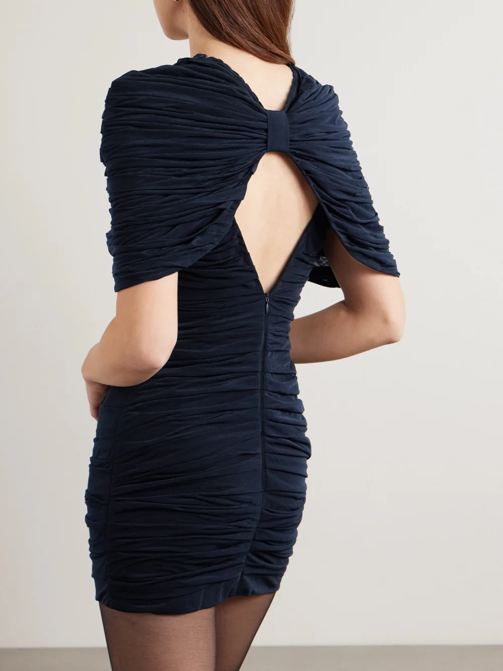 Back view of the Shushu/Tong Bow-embellished Velvet-trimmed Gathered Jersey Mini Dress