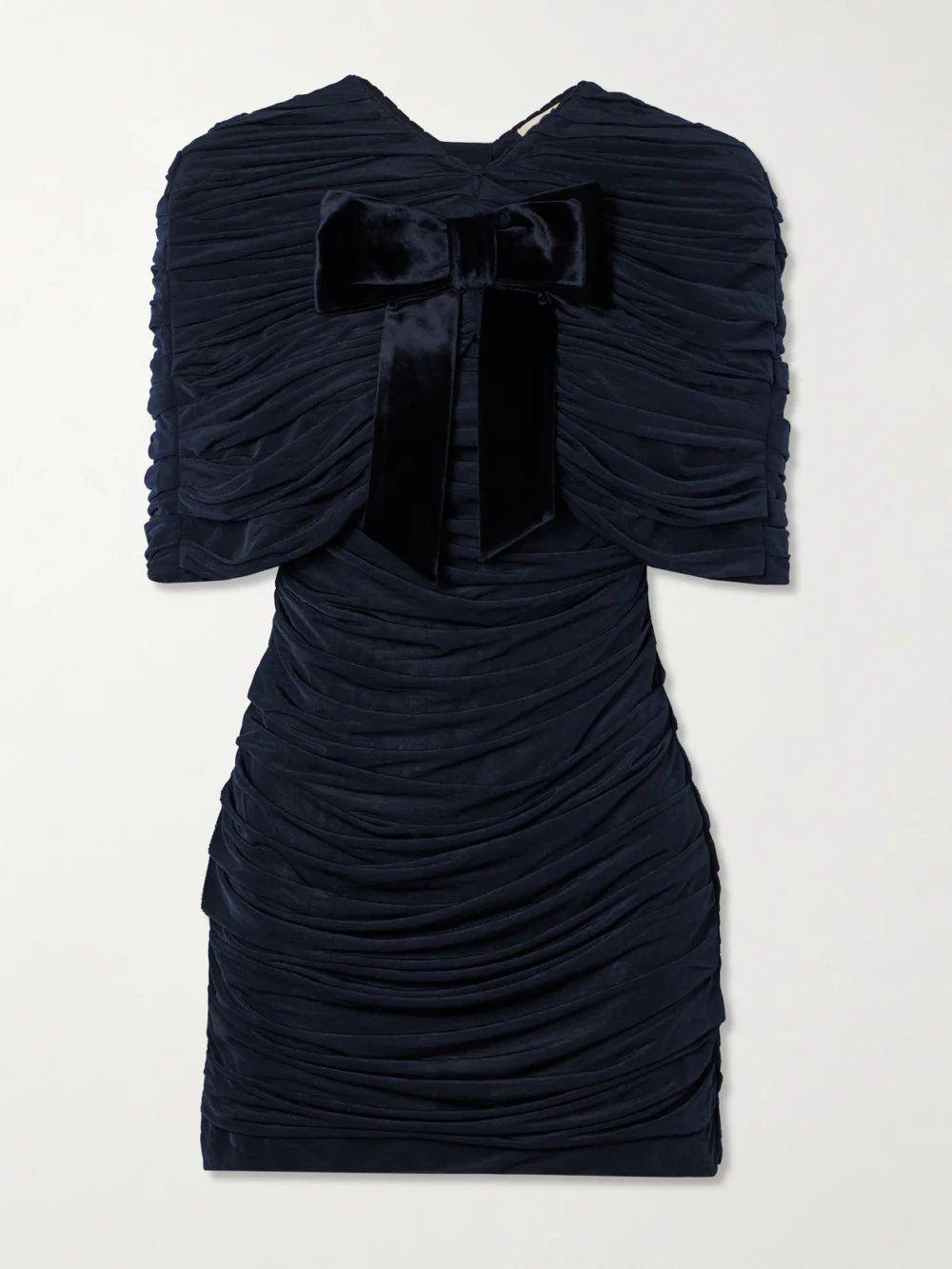 Shushu/Tong Bow-embellished Velvet-trimmed Gathered Jersey Mini Dress in navy