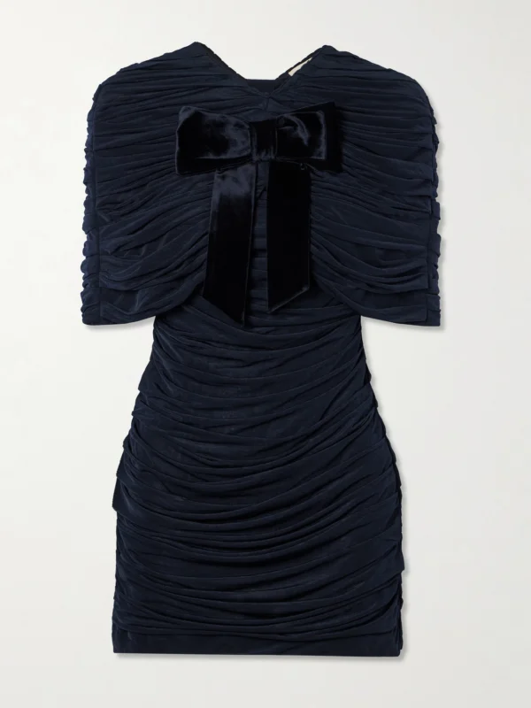 Shushu/Tong Bow-embellished Velvet-trimmed Gathered Jersey Mini Dress