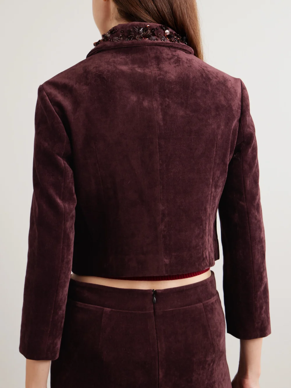 Back view of the Shushu/Tong Cropped Embellished Velvet Jacket