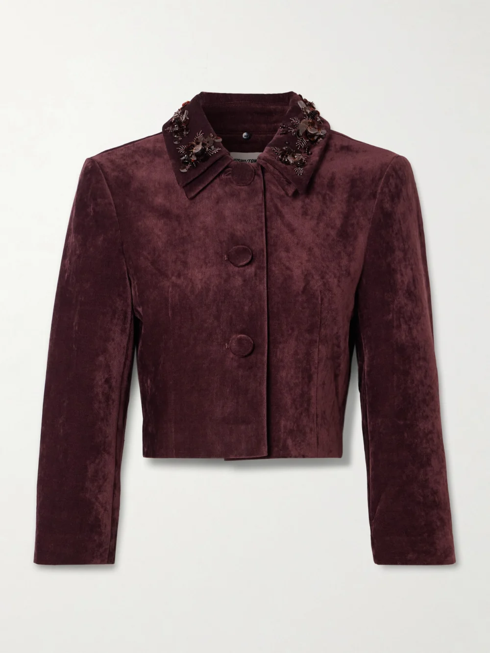 Shushu/Tong Cropped Embellished Velvet Jacket in burgundy