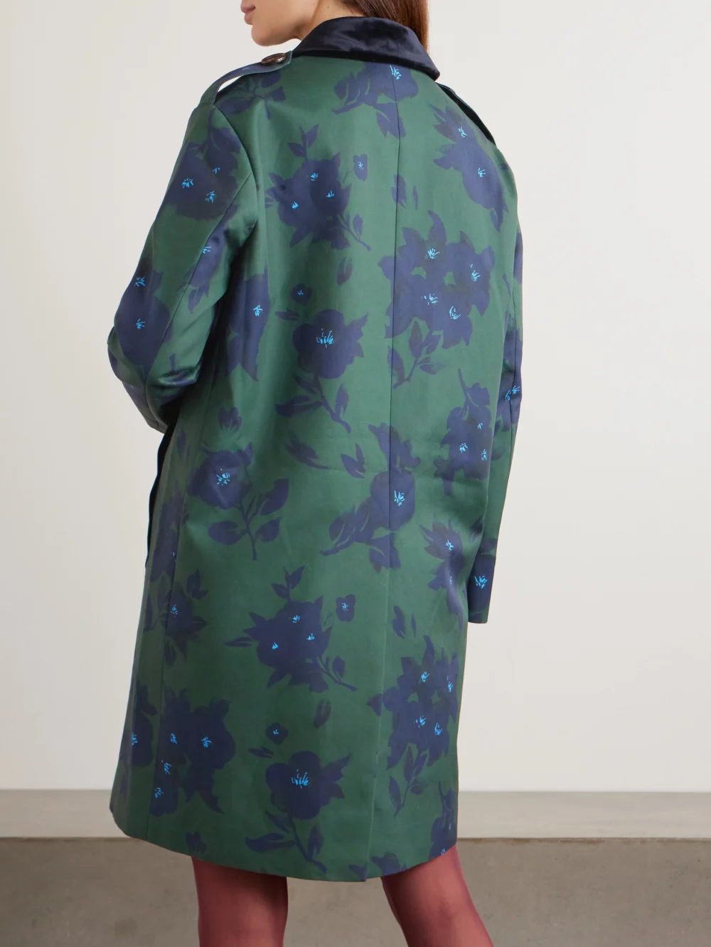 Back view of the Shushu/Tong Velvet-trimmed Floral-print Woven Trench Coat