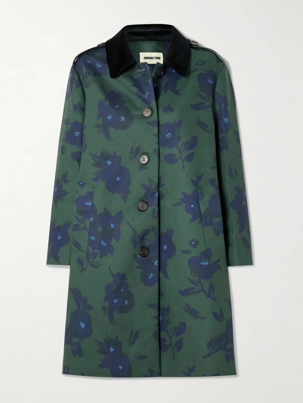 Shushu/Tong Velvet-trimmed Floral-print Woven Trench Coat in green