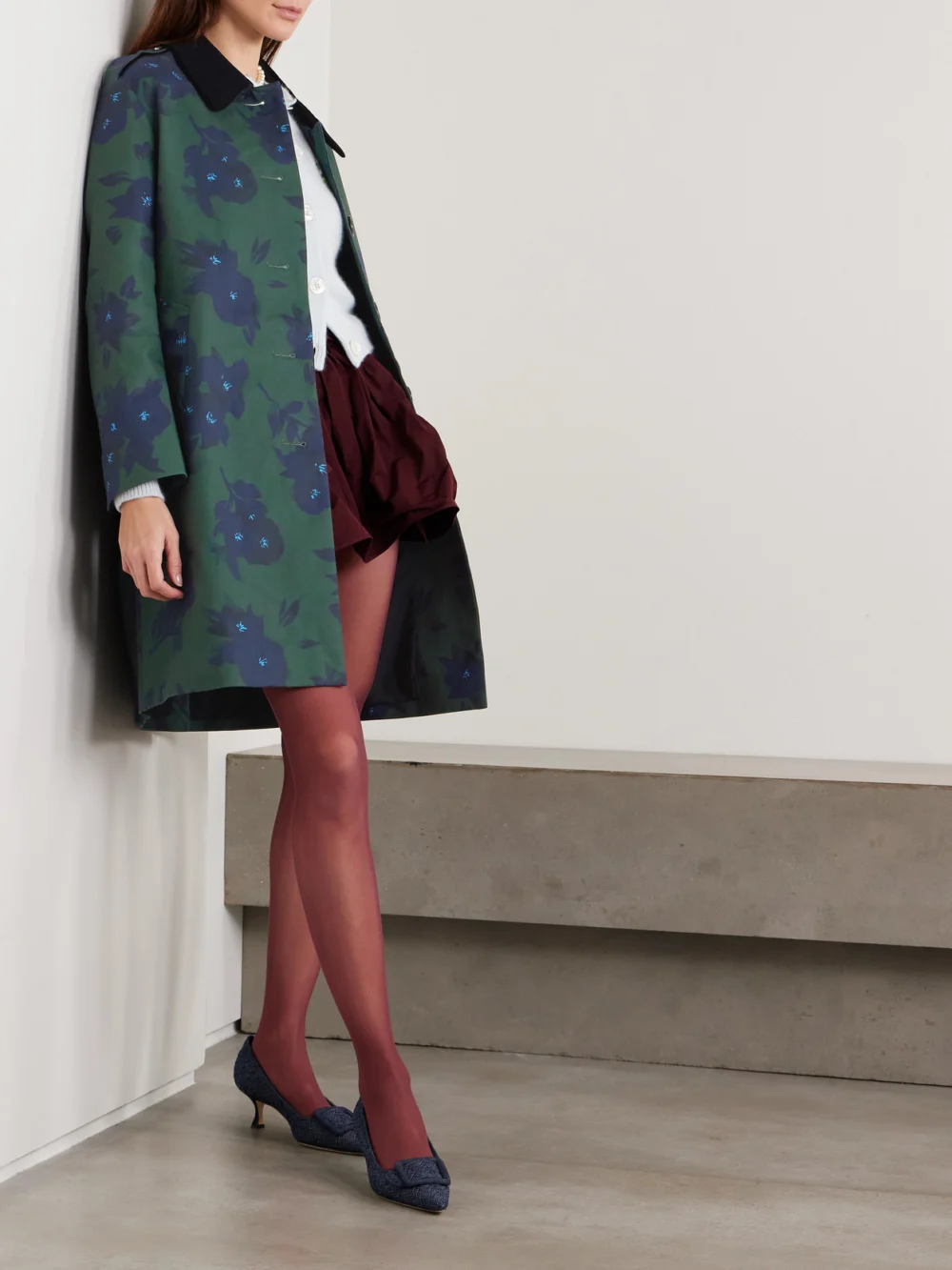 Shushu/Tong Velvet-trimmed Floral-print Woven Trench Coat, worn by a model