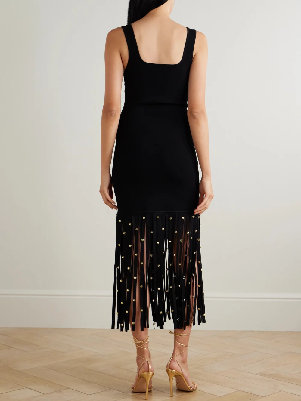 Back view of the Simkhai Romelia Embellished Fringed Stretch-knit Midi Dress