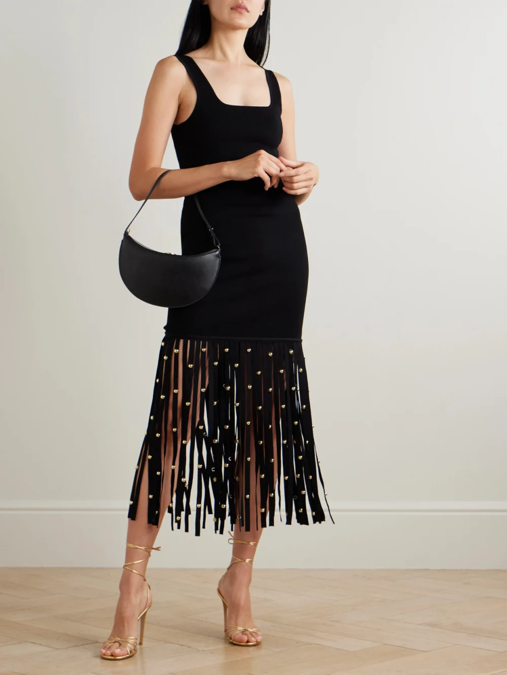 Simkhai Romelia Embellished Fringed Stretch-knit Midi Dress, worn by a model