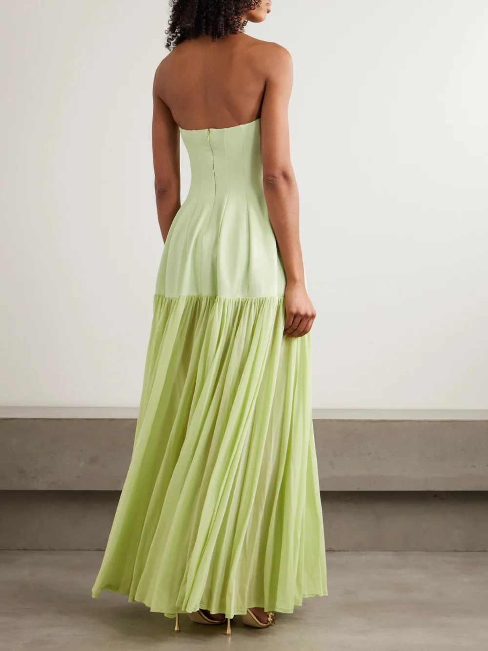 Back view of the Simkhai Sandrine Strapless Pleated Crepe-jersey and Chiffon Midi Dress