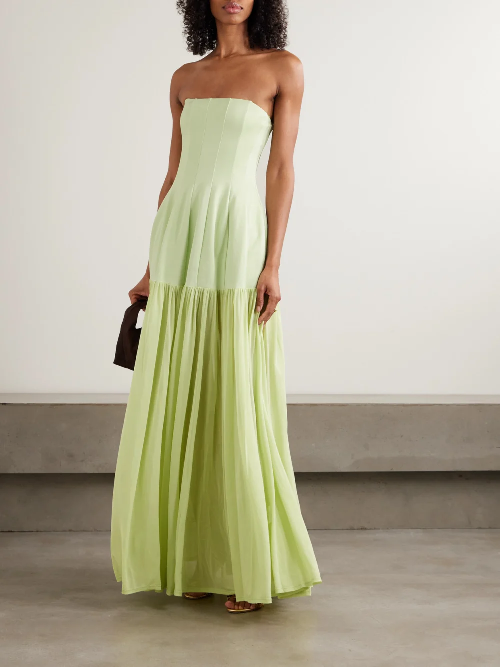 Simkhai Sandrine Strapless Pleated Crepe-jersey and Chiffon Midi Dress, worn by a model