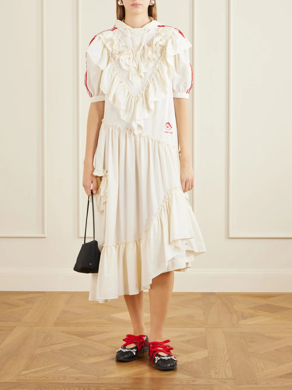 Simone Rocha + Adidas Originals Taekwondo Ballerina Embellished Pleated Leather Flats, styled view