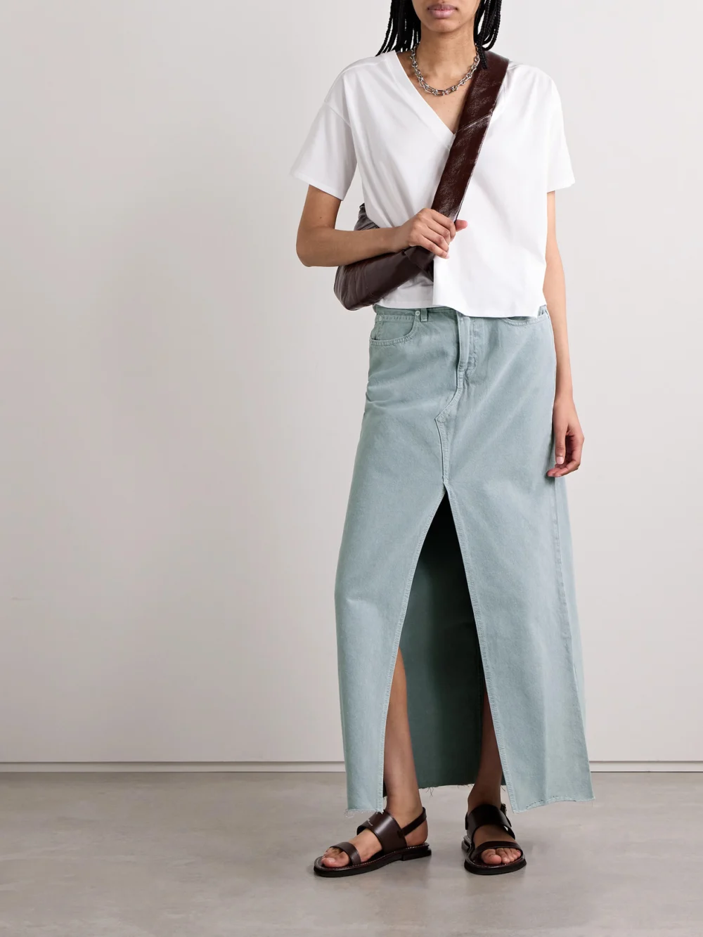 Slvrlake Frayed Denim Maxi Skirt, worn by a model