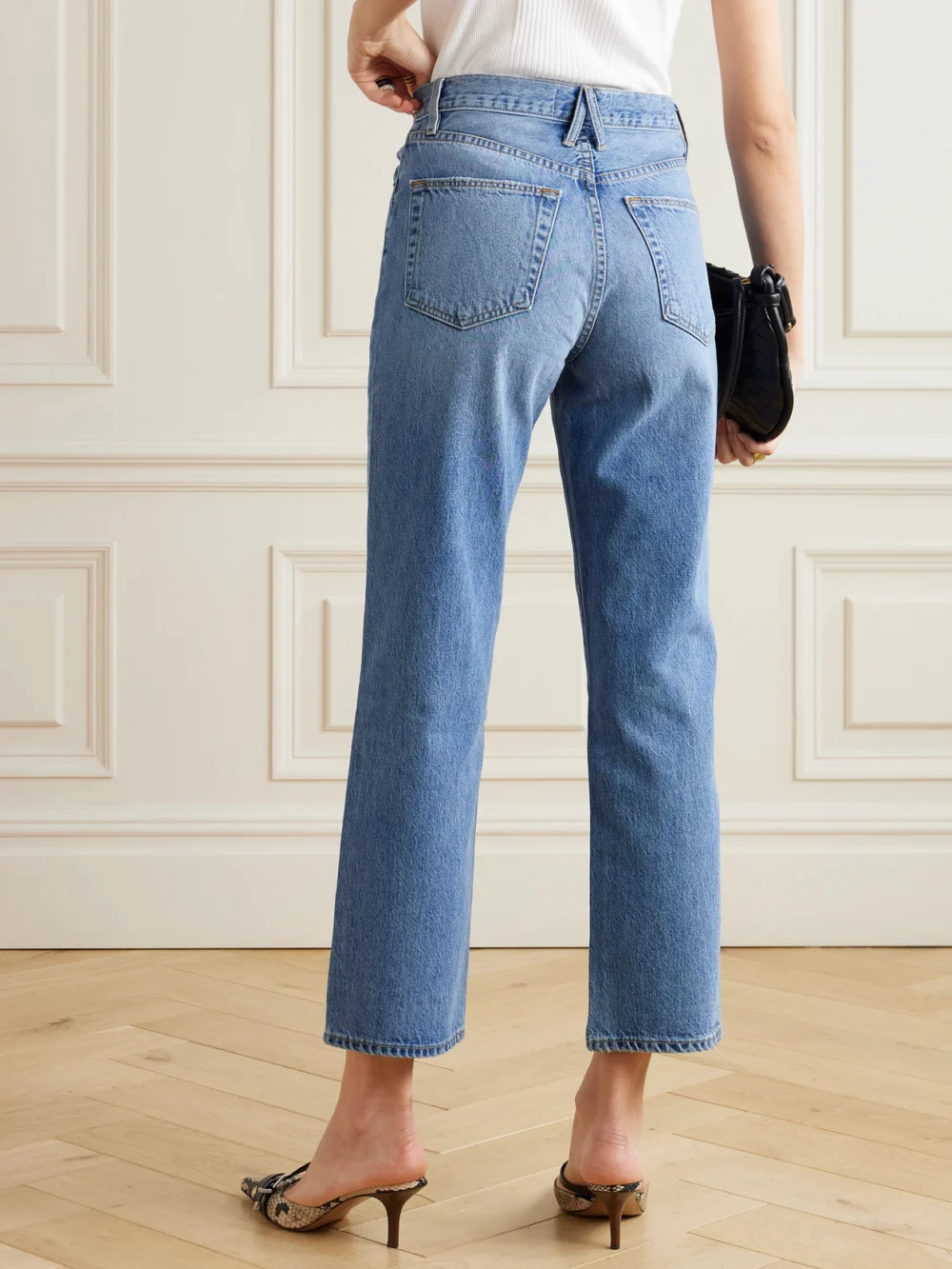 Back view of the Slvrlake London Ankle Cropped Distressed High-rise Straight-leg Jeans