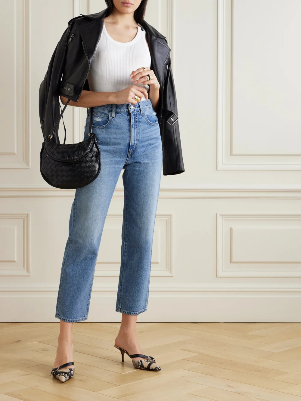 Slvrlake London Ankle Cropped Distressed High-rise Straight-leg Jeans, worn by a model