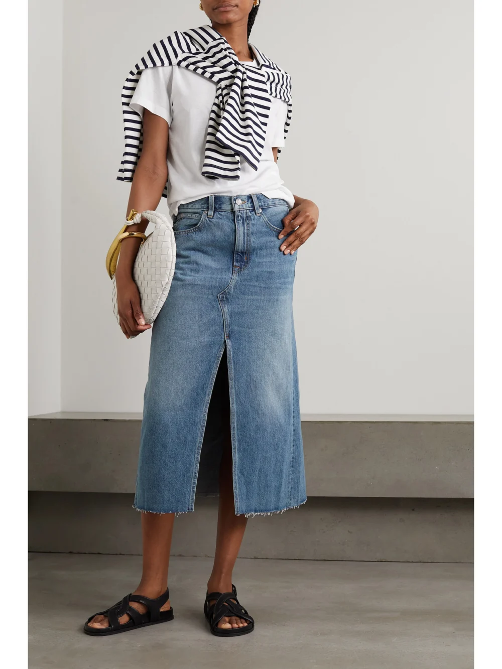 Slvrlake Organic Denim Midi Skirt, worn by a model