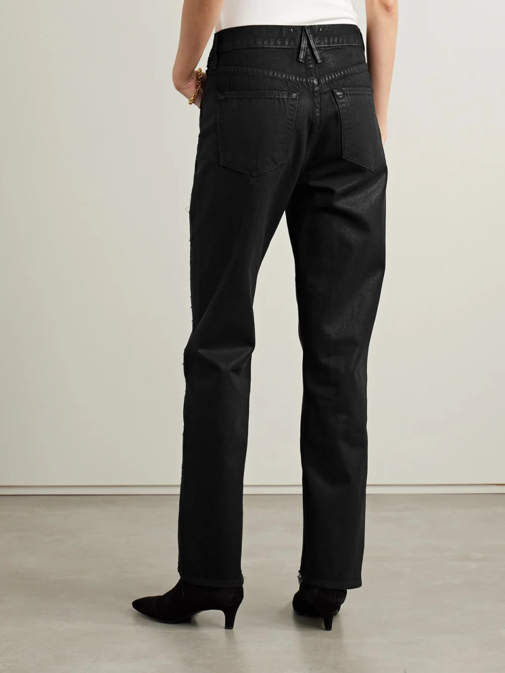 Back view of the Slvrlake Re-worked Panelled London Frayed Paneled Organic High-rise Straight-leg Jeans