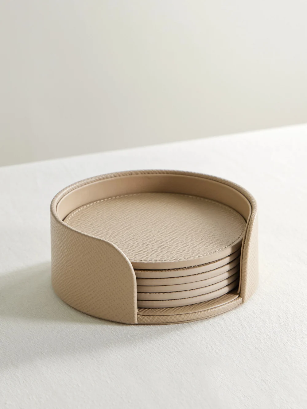 Smythson Set of Six Panama Textured-leather Coasters in stone