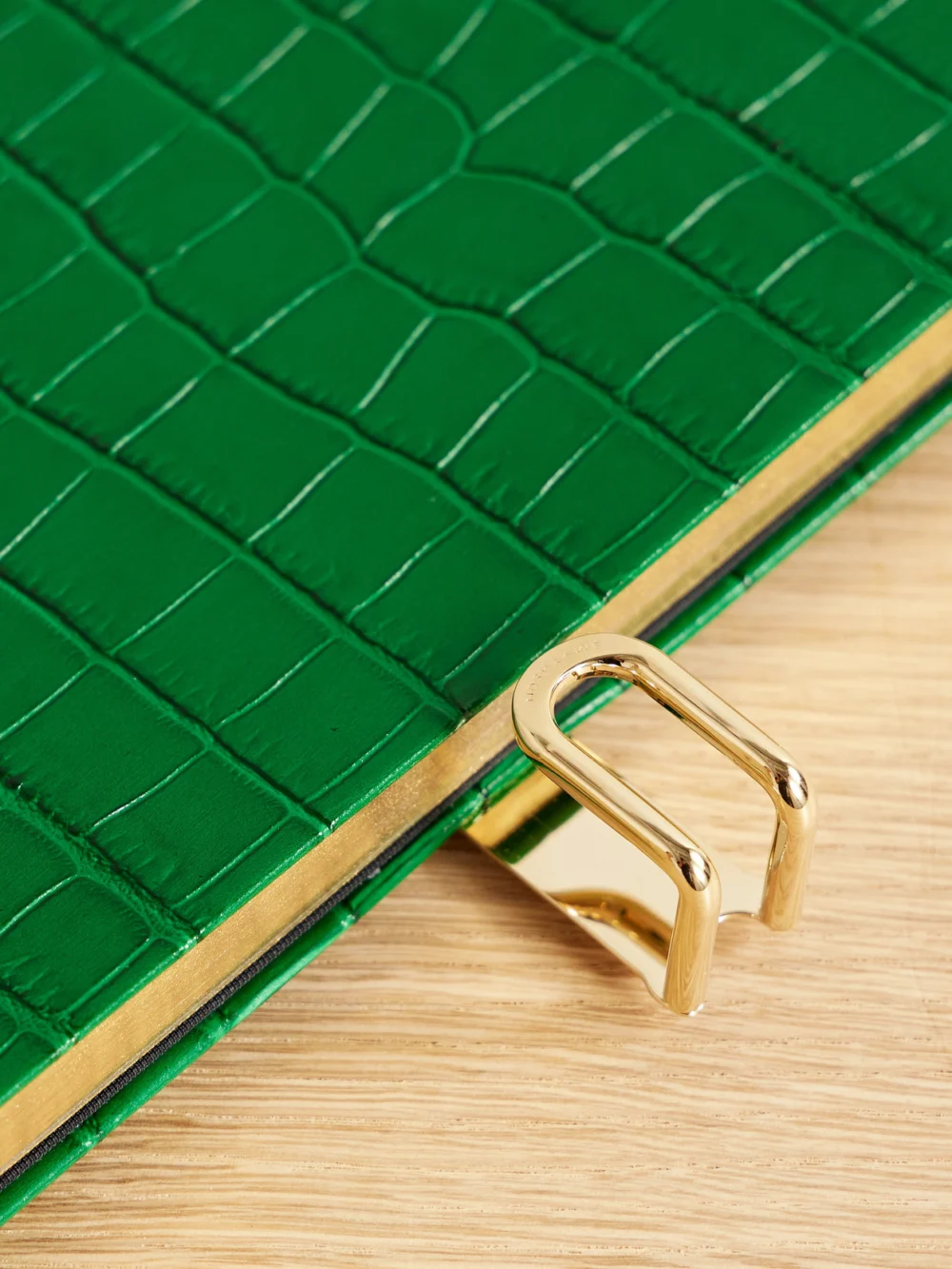 Close-up detail of the Smythson Soho Mara 2025 Croc-effect Leather Diary with Slide