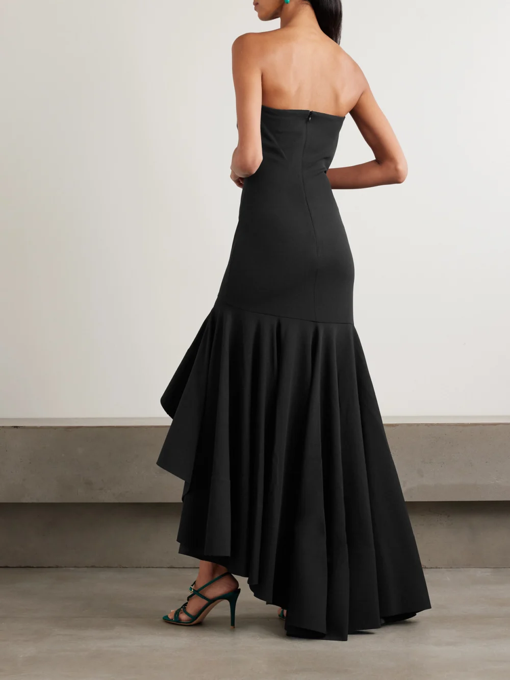 Back view of the Solace London Hani Strapless Asymmetric Crepe-jersey Gown
