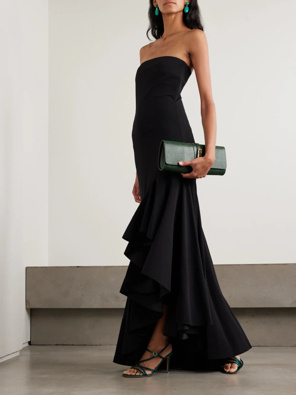 Solace London Hani Strapless Asymmetric Crepe-jersey Gown, worn by a model