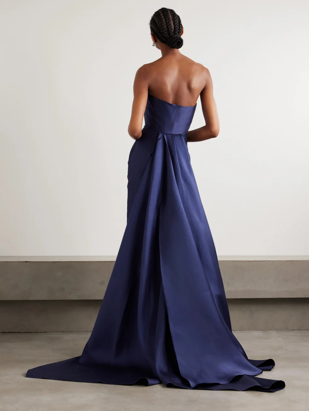 Back view of the Solace London Imani Strapless Pleated Twill Gown