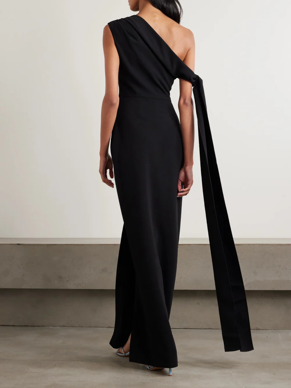 Back view of the Solace London Irina Tie-detailed One-shoulder Crepe Gown