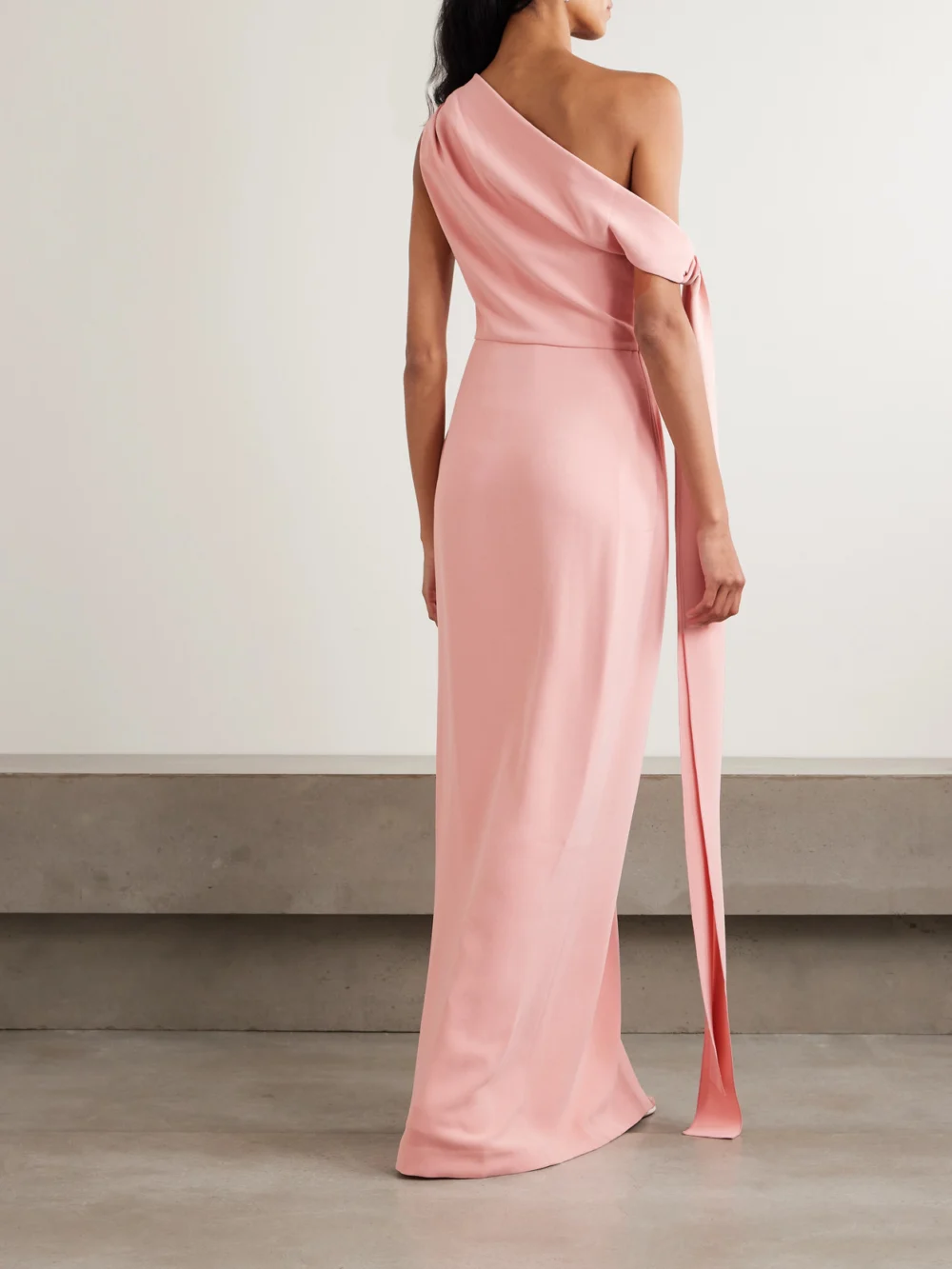 Back view of the Solace London Irina Tie-detailed One-shoulder Crepe Gown