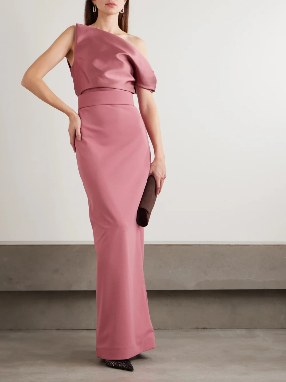 Solace London Magda Off-the-shoulder Belted Draped Faille and Crepe Gown, worn by a model
