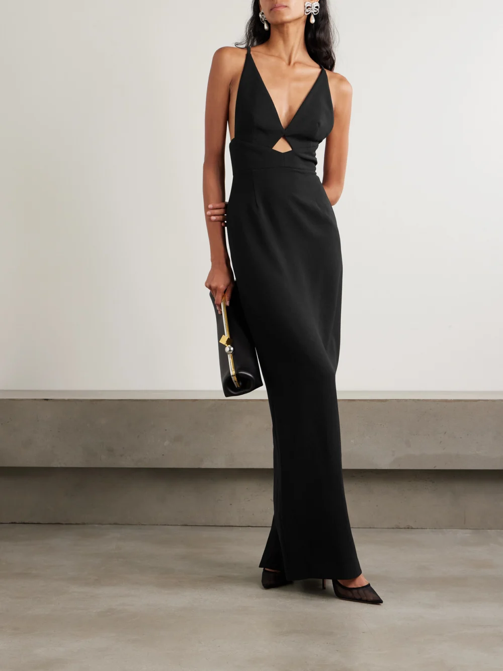 Solace London Milly Cutout Crepe Gown, worn by a model
