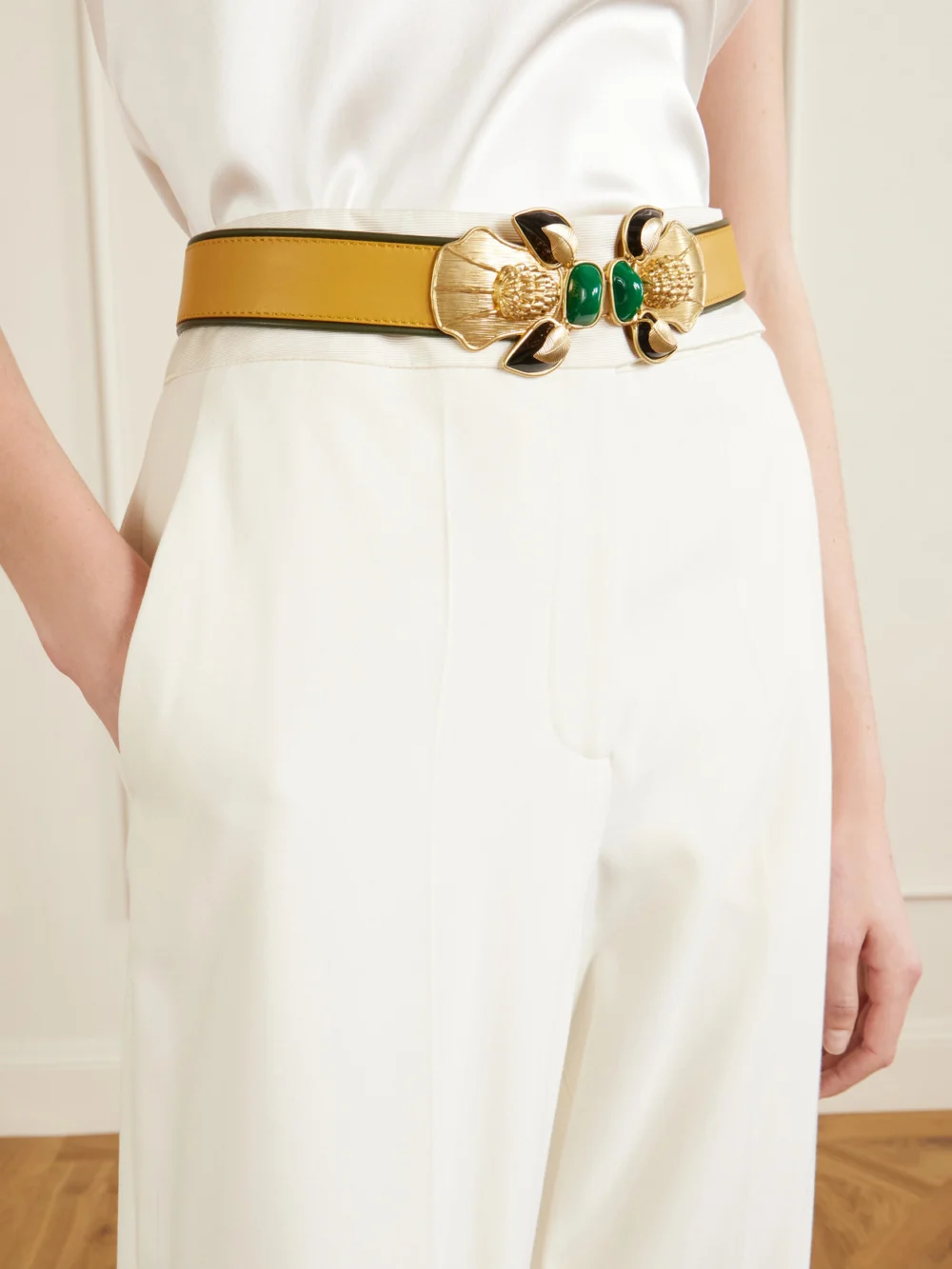 Sonia Petroff Bee Gold-tone and Leather Belt, styled view