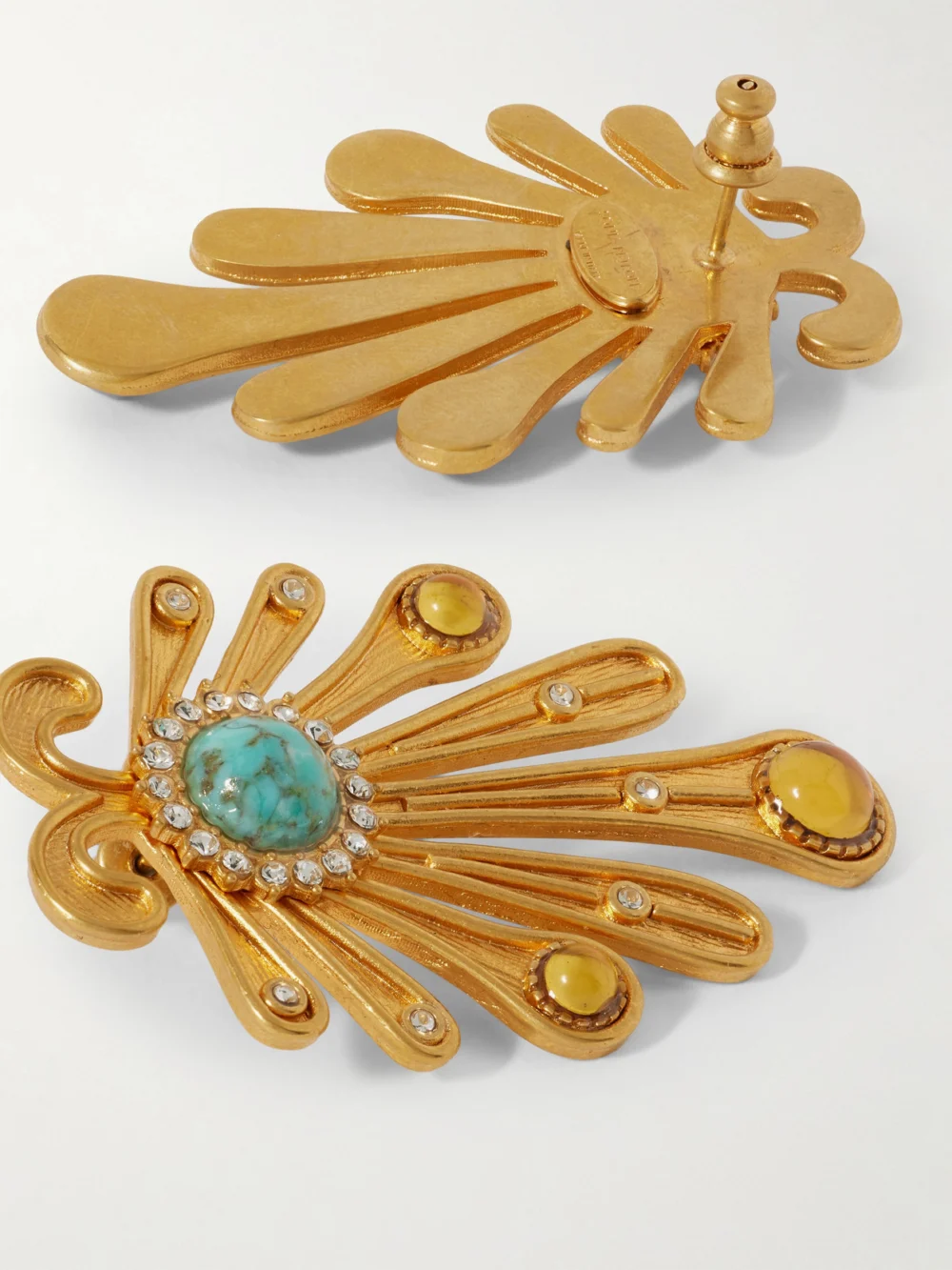 Close-up detail of the Sonia Petroff Kiss Fish Gold-plated Swarovski Crystal and Resin Earrings
