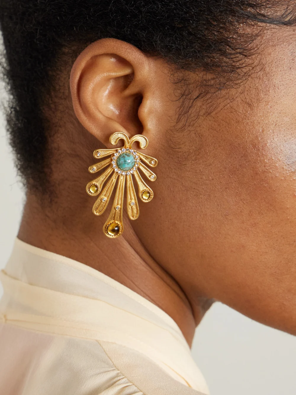 Sonia Petroff Kiss Fish Gold-plated Swarovski Crystal and Resin Earrings, styled view