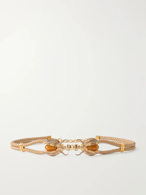Sonia Petroff Scarab Gold-tone, Woven Leather and Amber Belt