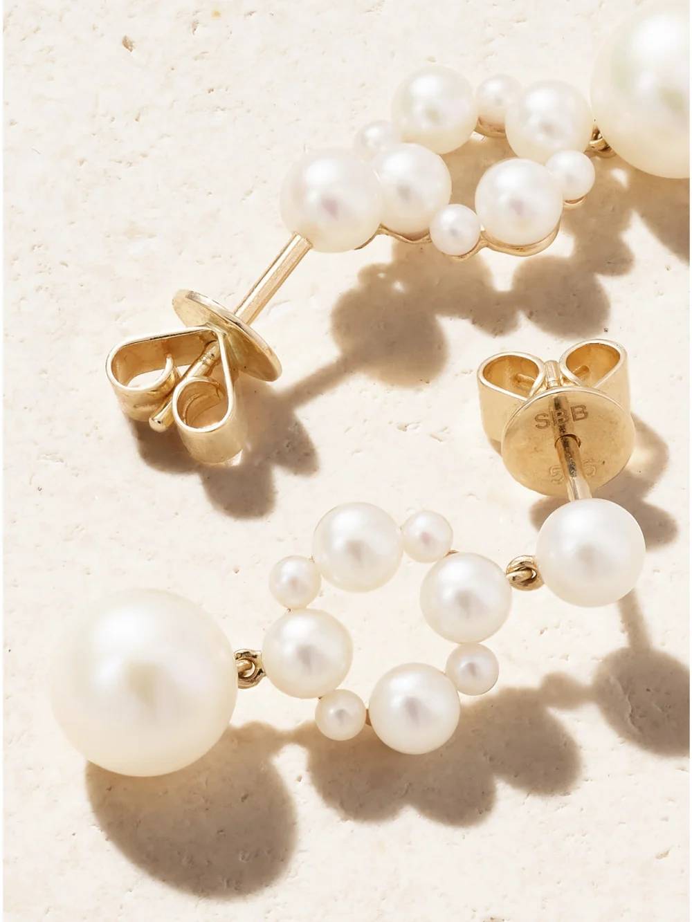 Close-up detail of the Sophie Bille Brahe Nebula 14-karat Recycled Gold Pearl Earrings
