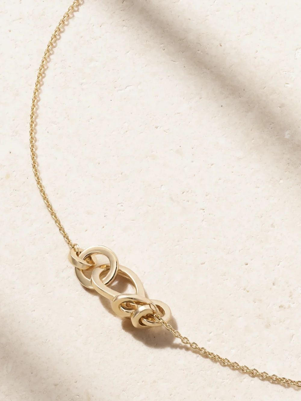 Back view of the Sophie Bille Brahe Trois Moon 14-karat Recycled Gold Pearl Necklace