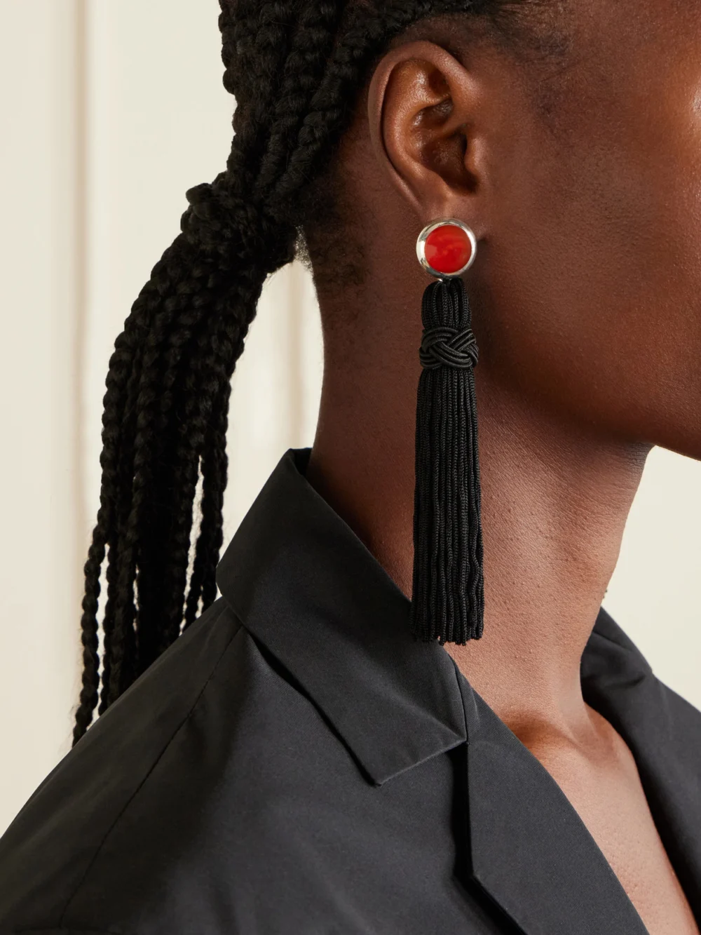 Sophie Buhai Cleo Tasseled Silver and Cornelian Earrings, styled view