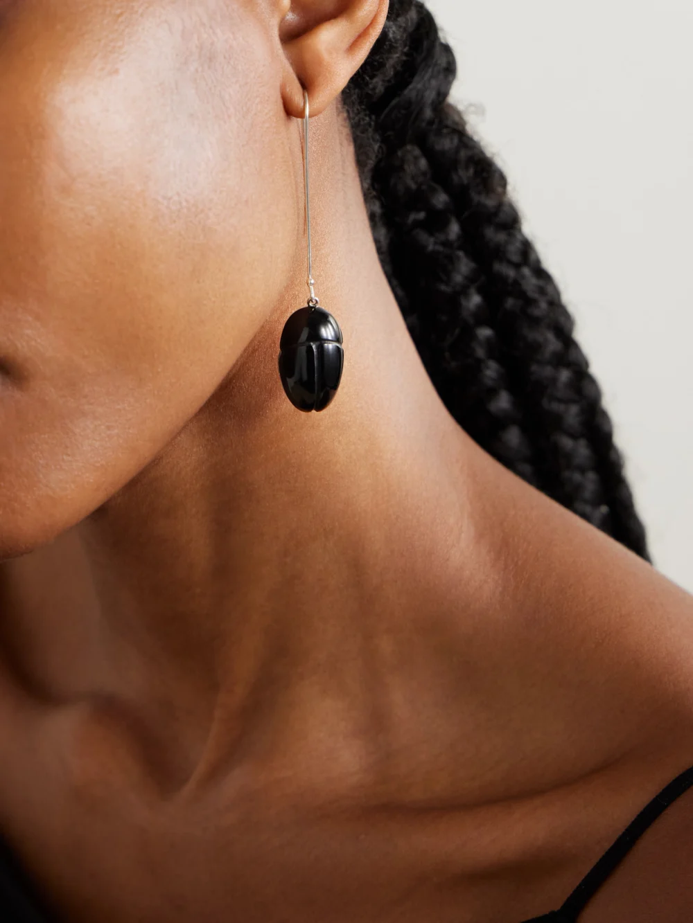 Sophie Buhai Scarab Silver Onyx Drop Earrings, styled view