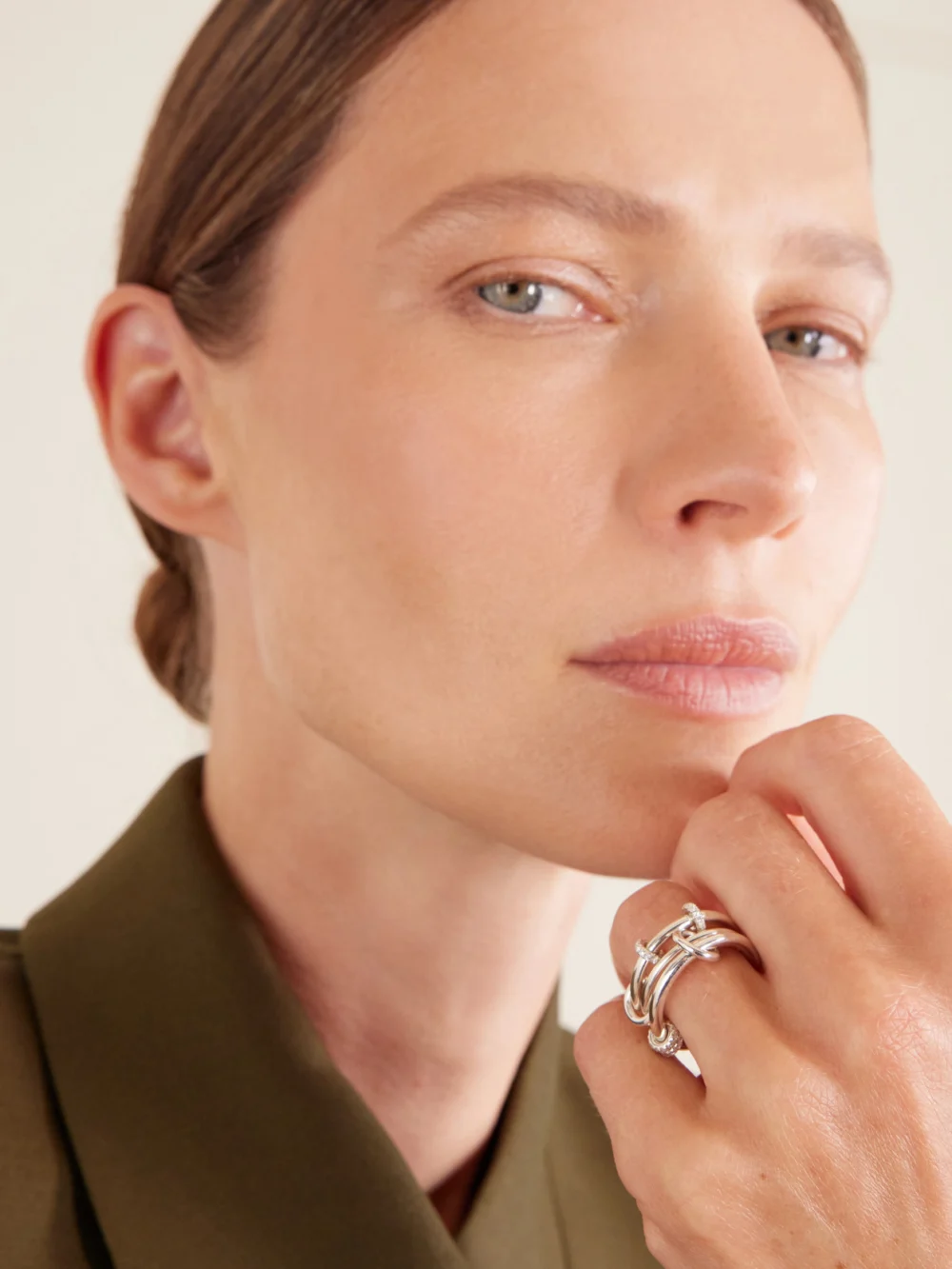 Spinelli Kilcollin Jovie Set of Three Sterling Silver Diamond Rings, styled view