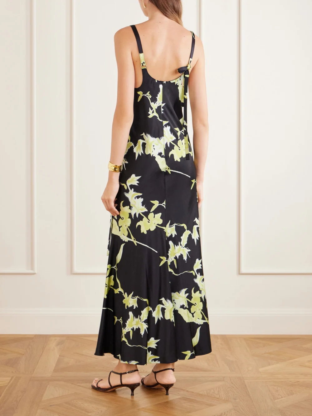 Back view of the Sportmax + Balia Gathered Printed Satin Maxi Dress