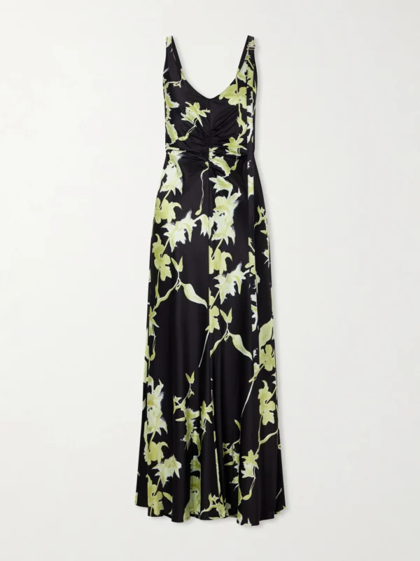 Sportmax + Balia Gathered Printed Satin Maxi Dress