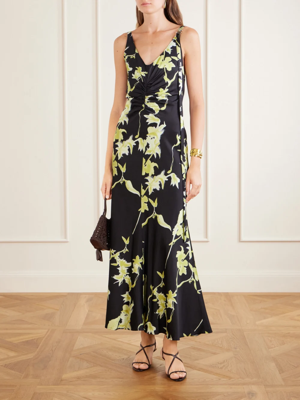 Sportmax + Balia Gathered Printed Satin Maxi Dress, worn by a model