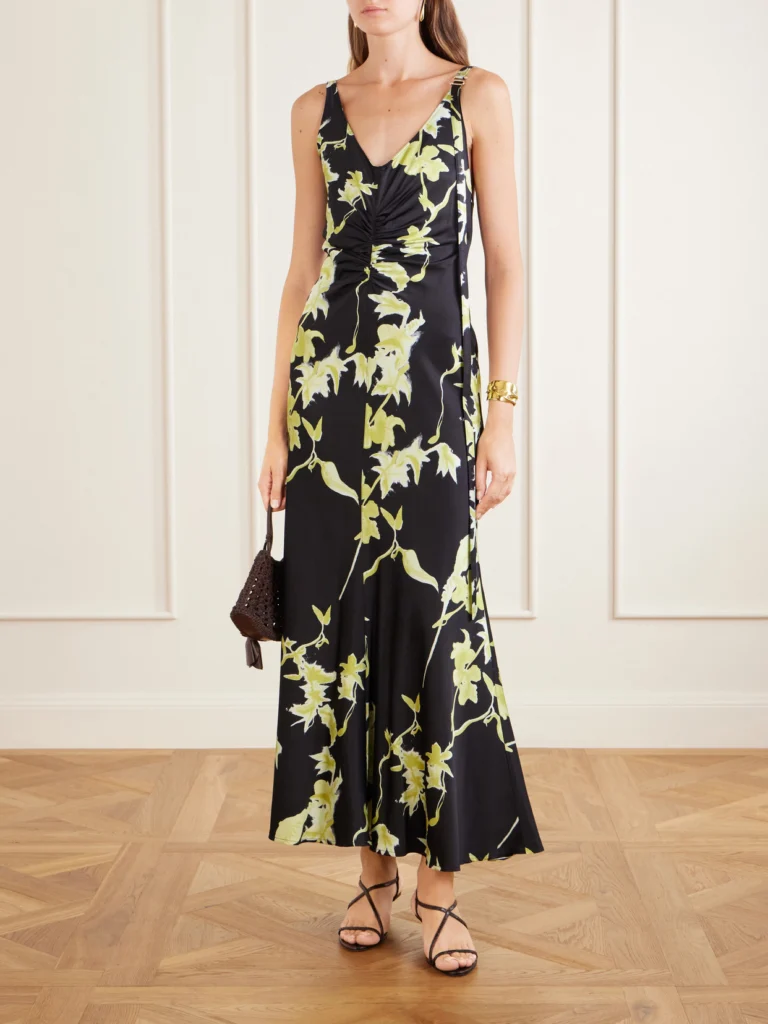 Sportmax + Balia Gathered Printed Satin Maxi Dress