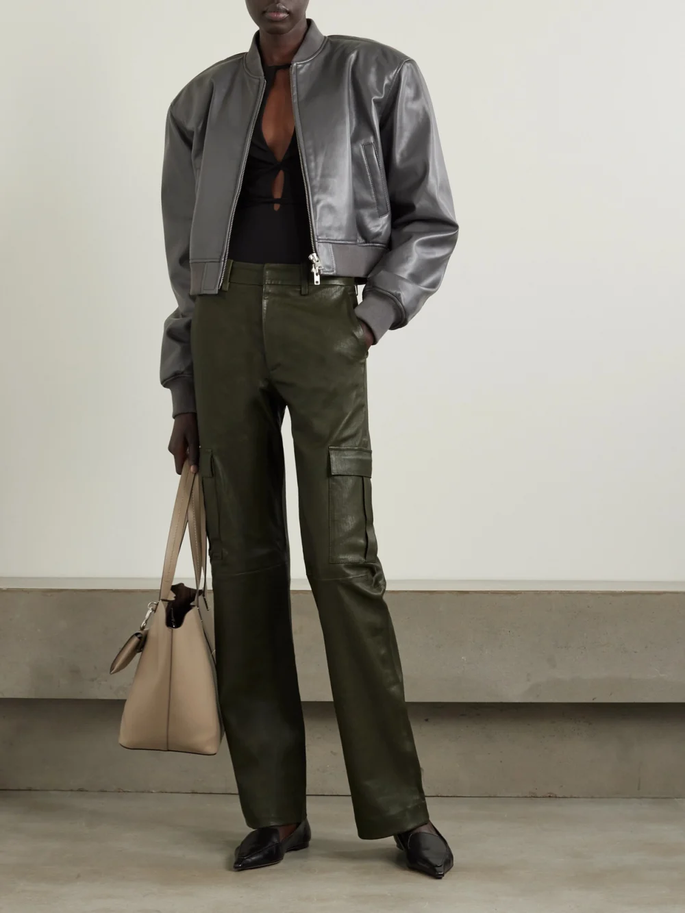 Sprwmn Leather Wide-leg Cargo Pants, worn by a model