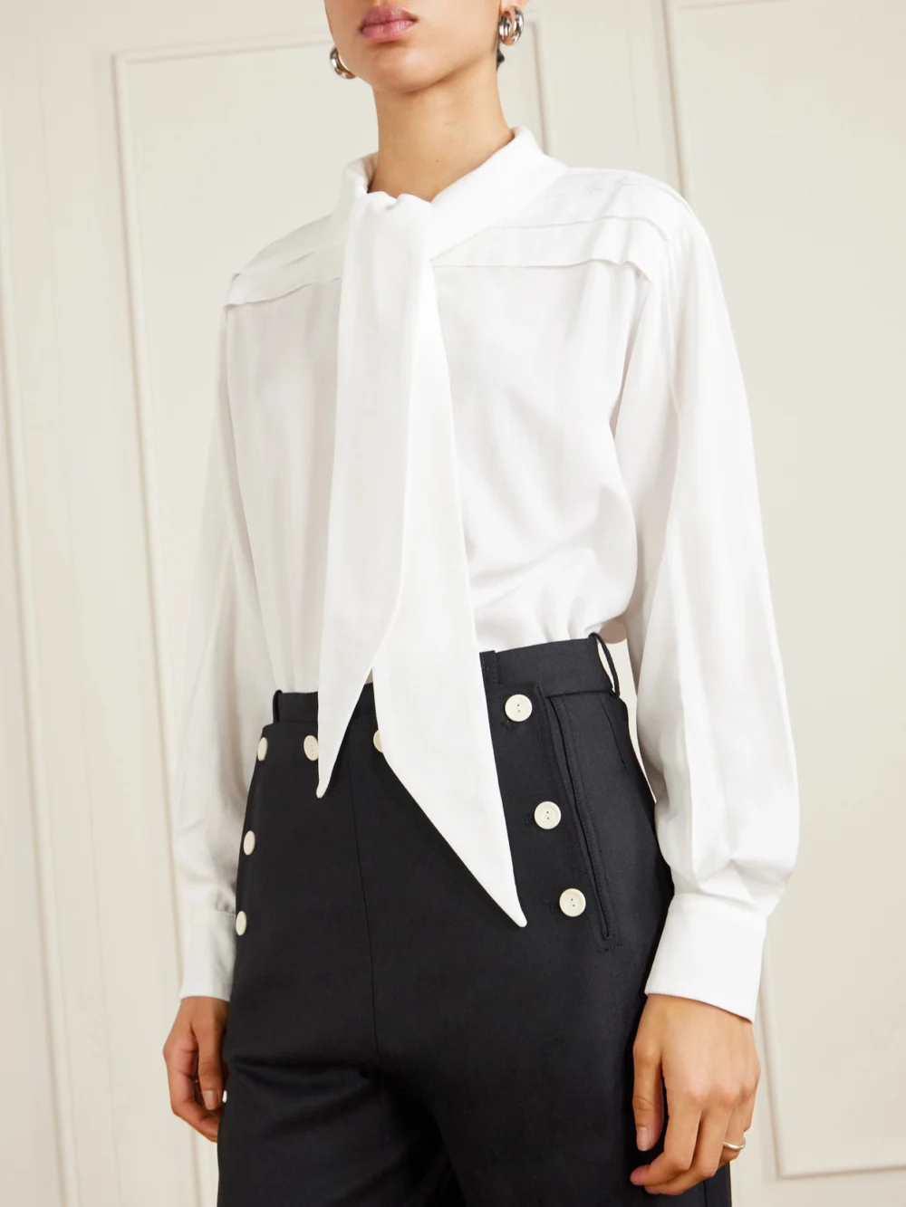 Close-up detail of the S.S. Daley Elspeth Pussy-bow Silk Shirt