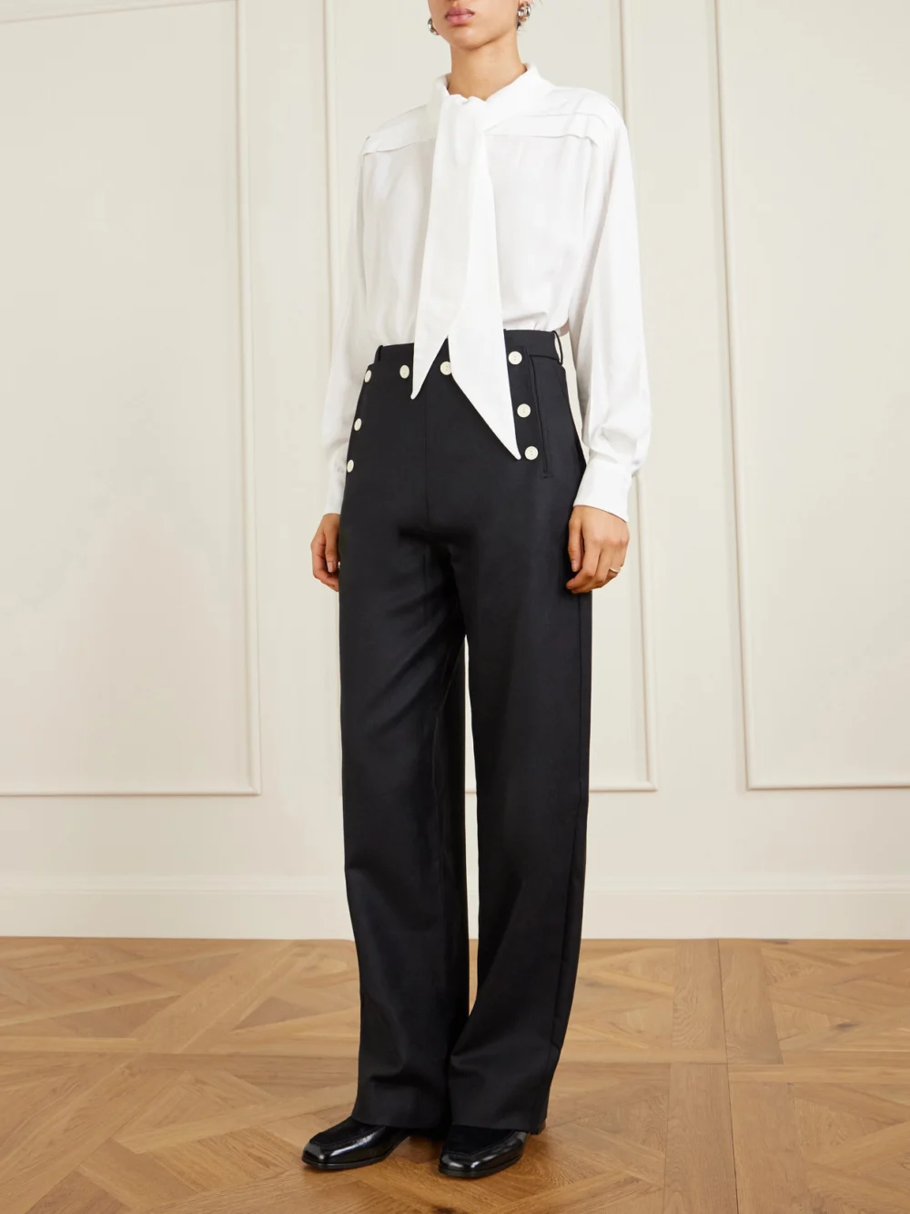 S.S. Daley Elspeth Pussy-bow Silk Shirt, worn by a model