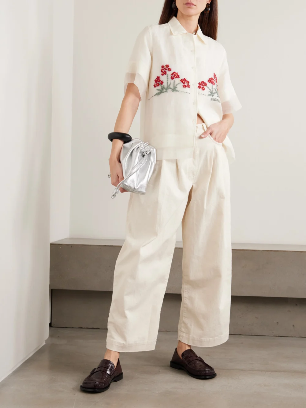S.S. Daley Ivy Pleated Cropped Mid-rise Barrel-leg Jeans, worn by a model