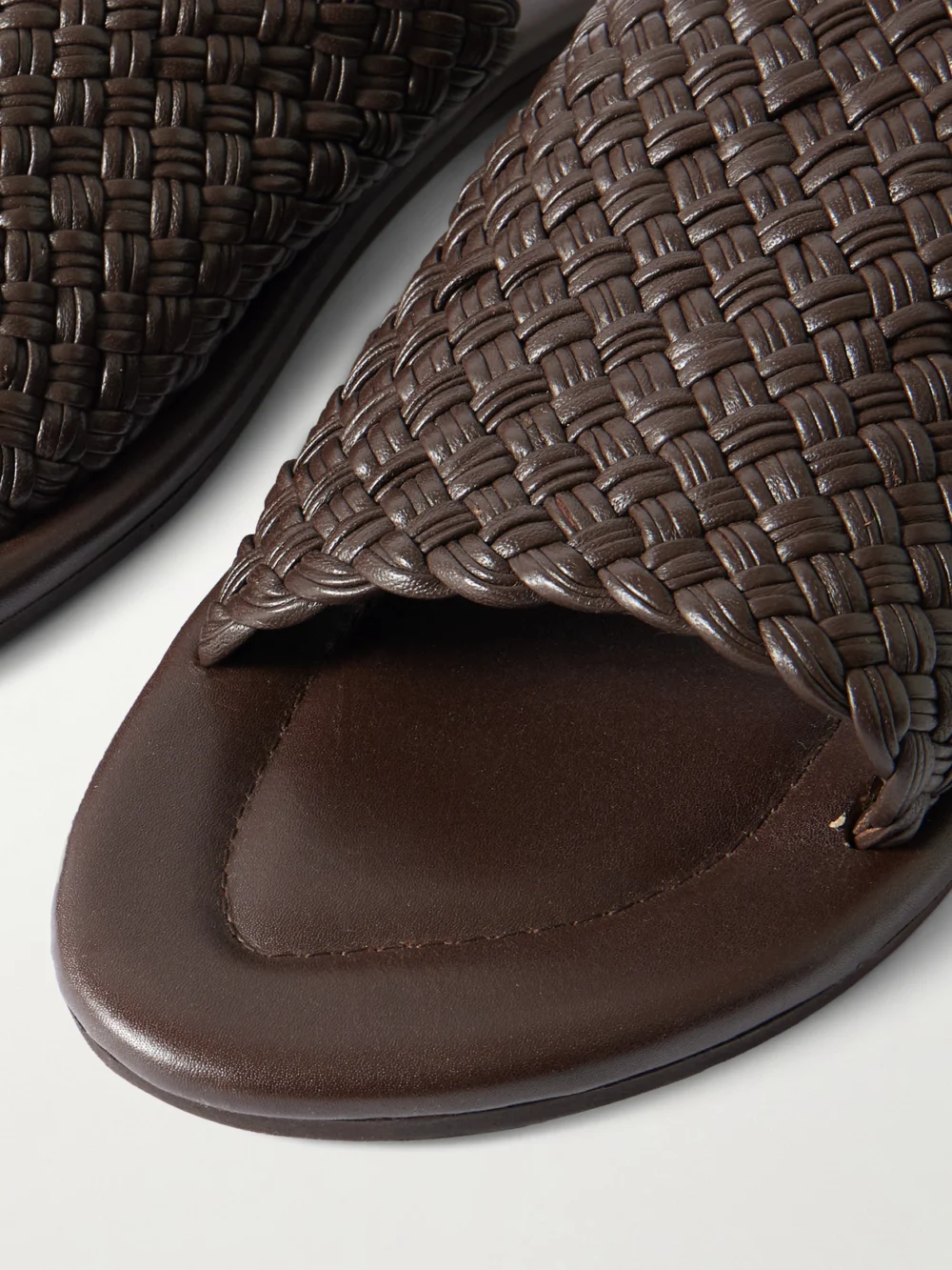 Close-up detail of the St. Agni Woven Leather Sandals