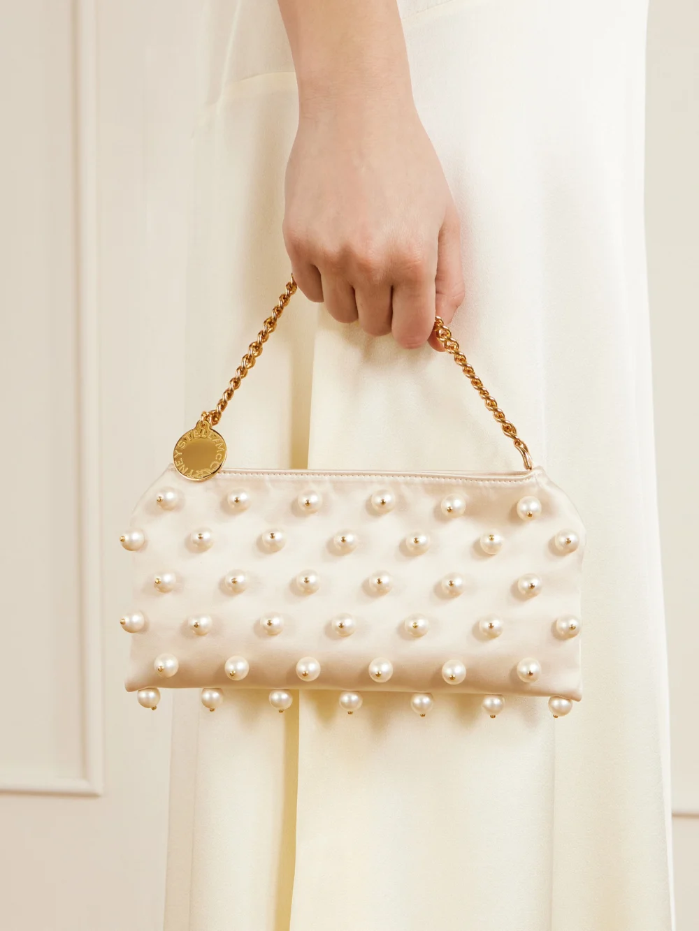 Stella McCartney Falabella Mini Embellished Satin Shoulder Bag, styled view