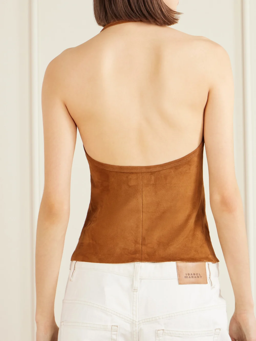 Back view of the Stouls Cherry Open-back Suede Halterneck Tank