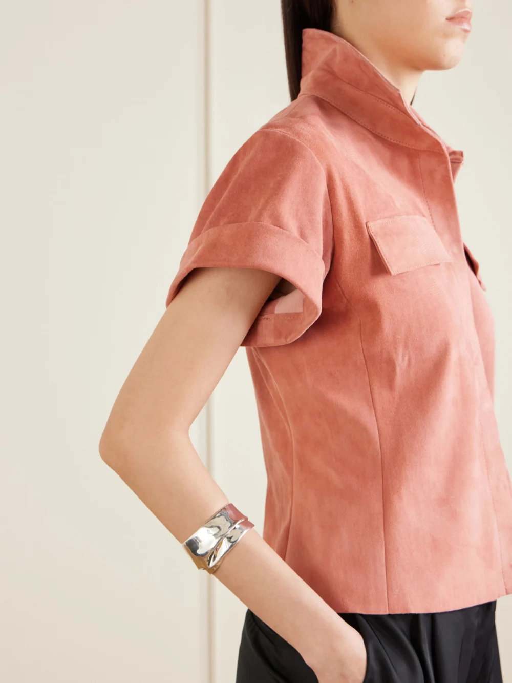 Close-up detail of the Stouls Miller Suede Shirt