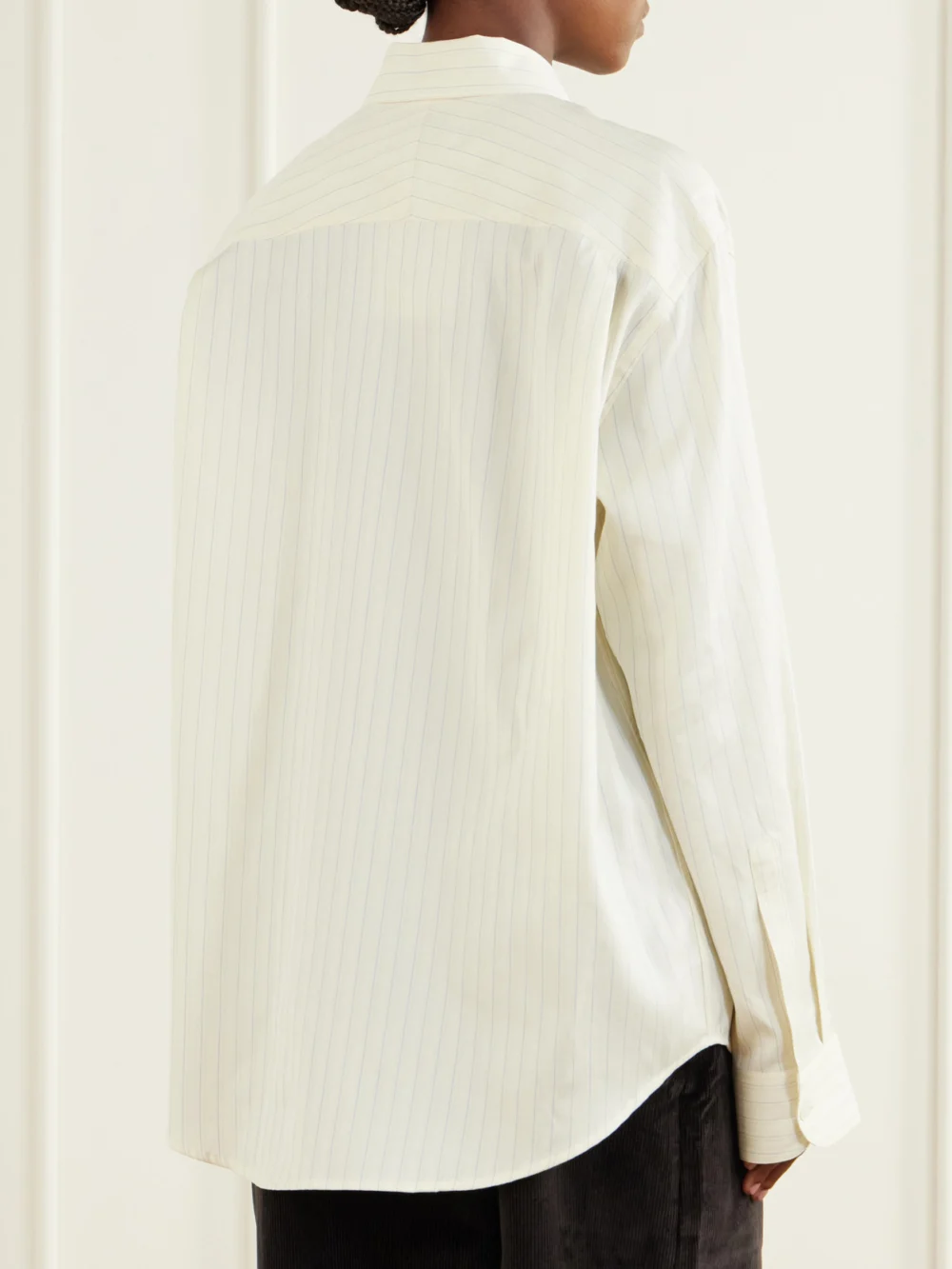 Back view of the Studio Nicholson View Striped Cotton and Silk-blend Shirt